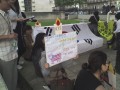 A young protestor holds up a home-made banner