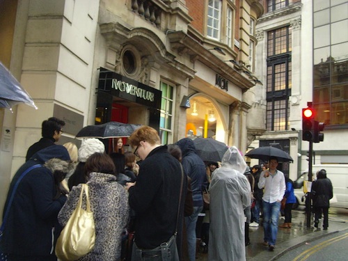 The queue outside the MCM store - in the rain The queue outside the MCM store - in the rain