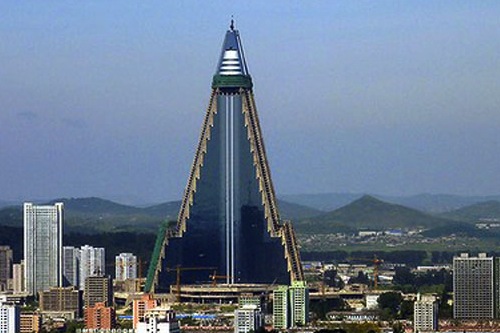 The Ryugyong Hotel, now covered in glass