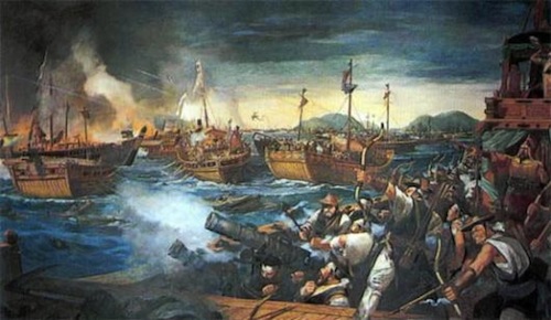An artist's reconstruction of the Battle of Hansando decorates the inside of the Jeseungdang Hall An artist's reconstruction of the Battle of Hansando decorates the inside of the Jeseungdang Hall