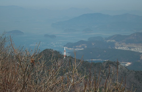The view west from the peak of Mireuksan - the sea is covered with oyster farms