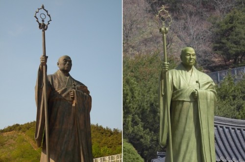 The statue of Seong Cheol in 2010 (left) and spruced up for his 2012 100th birthday (right) The statue of Seong Cheol in 2010 (left) and spruced up for his 2012 100th birthday (right)