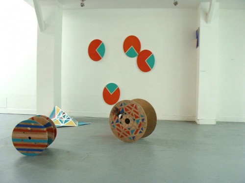 Han Byul Kang: Buttes chaumont (2012) Acrylic on 4 canvases and wooden wheel. Dimensions variable