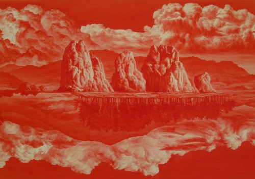Close-up of a detail of a Lee Sea-hyun Between Red painting
