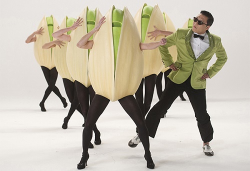 South Korean rapper Psy performs during filming of Super Bowl commercial in North Hollywood
