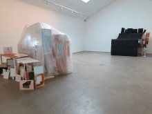 Jewyo Rhii at Wilkinson Gallery - installation view of upper gallery, 13 September 2014. Left: Drawing Chorus (2010-2013) and Undocumented Enlightening Object (2013); Right: Fan Theatre (2013)