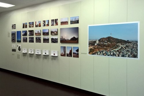 Installation view of OUJAE Architects' Cheongsando Slow Island project with, right, one of Kyungsub Shin's Scrutable Landscapes (photo: LKL)