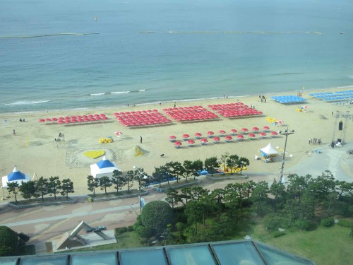 The view of Haeundae beach from the hotel room in the morning. 