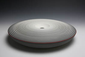Jin Eui Kim - Resonance no.5, D:41.3cm x H:7.2cm, earthenware, wheel-throwing, brushed 18 tones of engobes, applied with thin layer of matt glaze, fired at 1120
