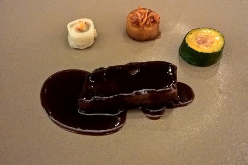 Braised short rib of beef 'galbi', white kimchi, stuffed courgette, potato & crispy anchovy
