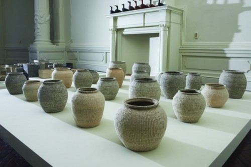 Lee Young Soon, Woven paper jar, installation view with 20 pieces