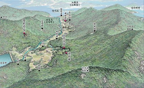 Bogildo, with the various elements of Yun Seond-do's landscape labelled