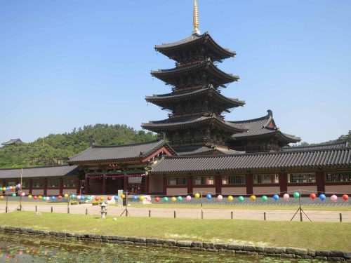 The temple seen from the pavilion on the lotus pond