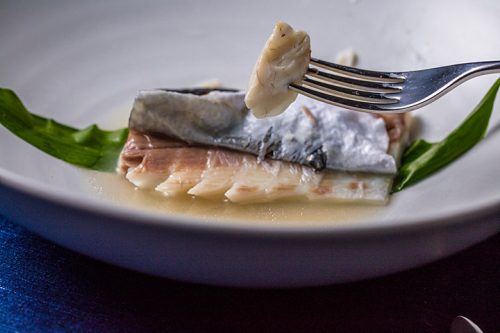 Poached sea bass with fermented cauliflower 