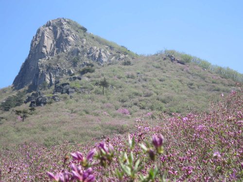 Distant hikers approaching the peak of Hwangmaesan
