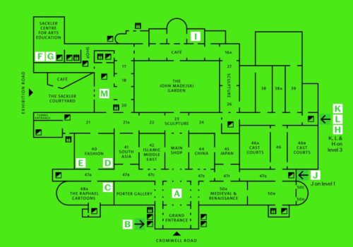 Ground floor map of V+A showing location of the various events