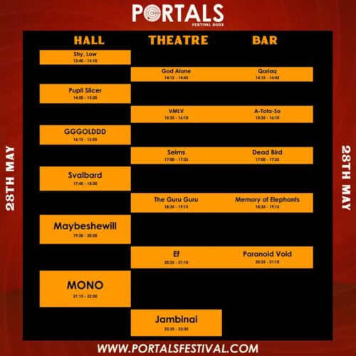 A timetable of bands performing on Sunday 28 May