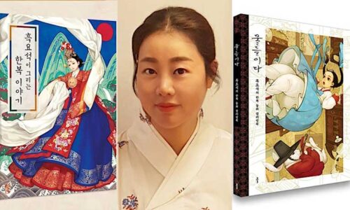 The Korean illustrator Obsidian between two of her books