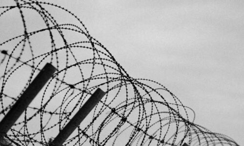 Barbed wire against a grey sky
