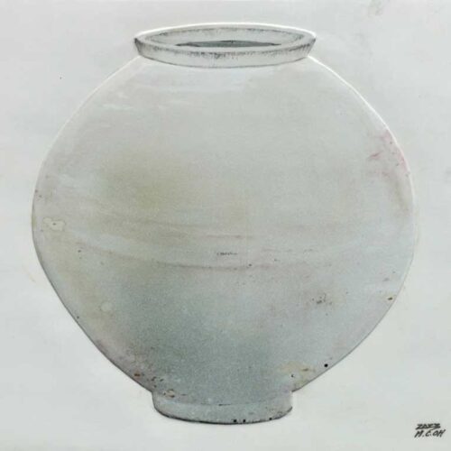 A large painted ceramic relief of a moon jar