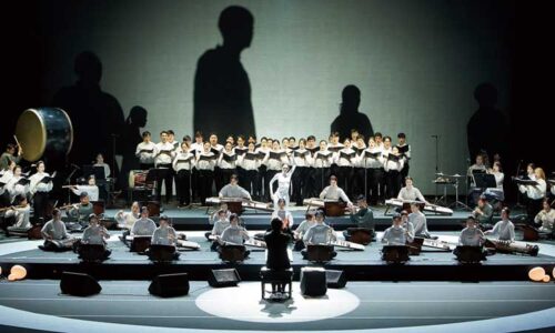 Won Il directing the Gyeonggi Sinawi Orchestra